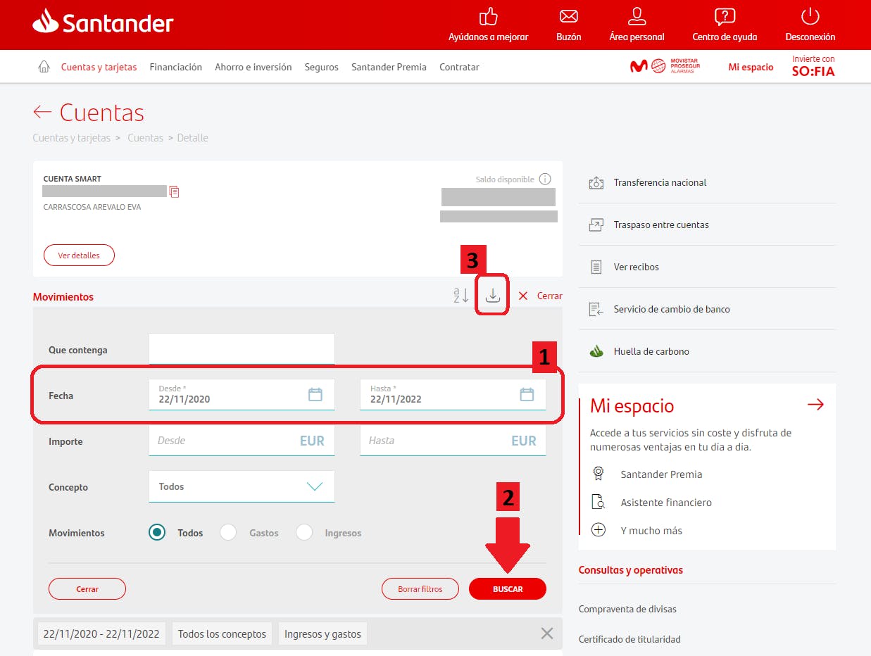 Captura de pantalla en la web del banco Santander y marcado con los pasos que hay que seguir