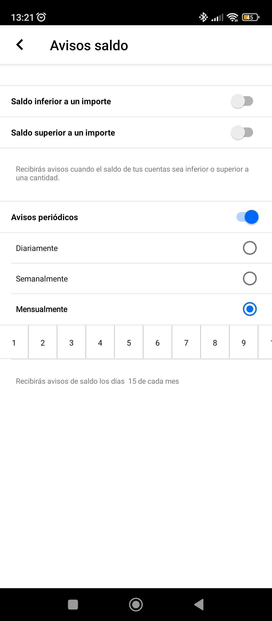 Avisos en el saldo y si son diarios, semanales, o mensuales en las notificaciones app Banco Sabadell