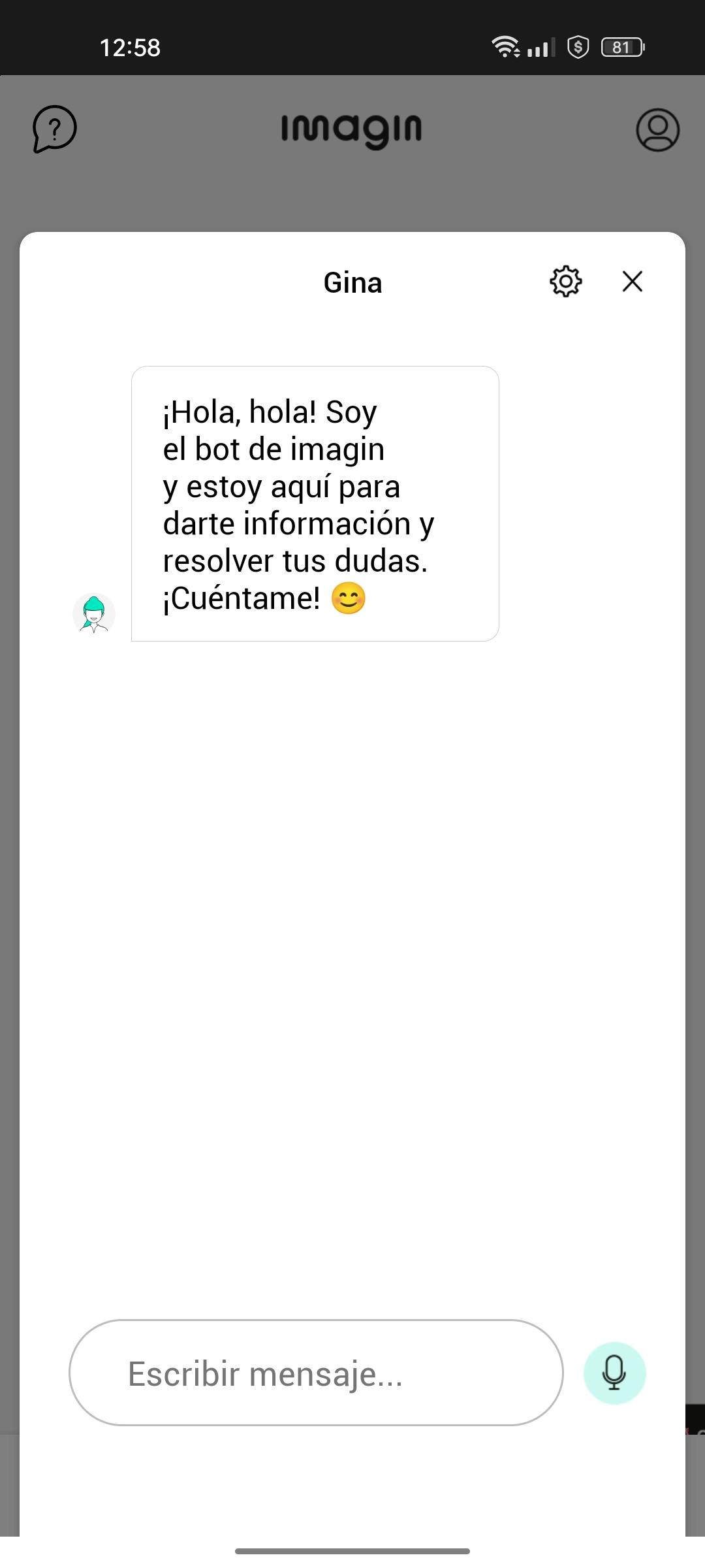Captura de pantalla en un móvil del bot de imagin en la app del banco de imaginbank