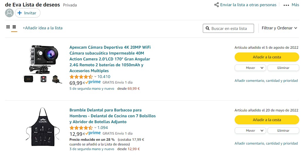 Captura de pantalla en la lista de deseos de Amazon.