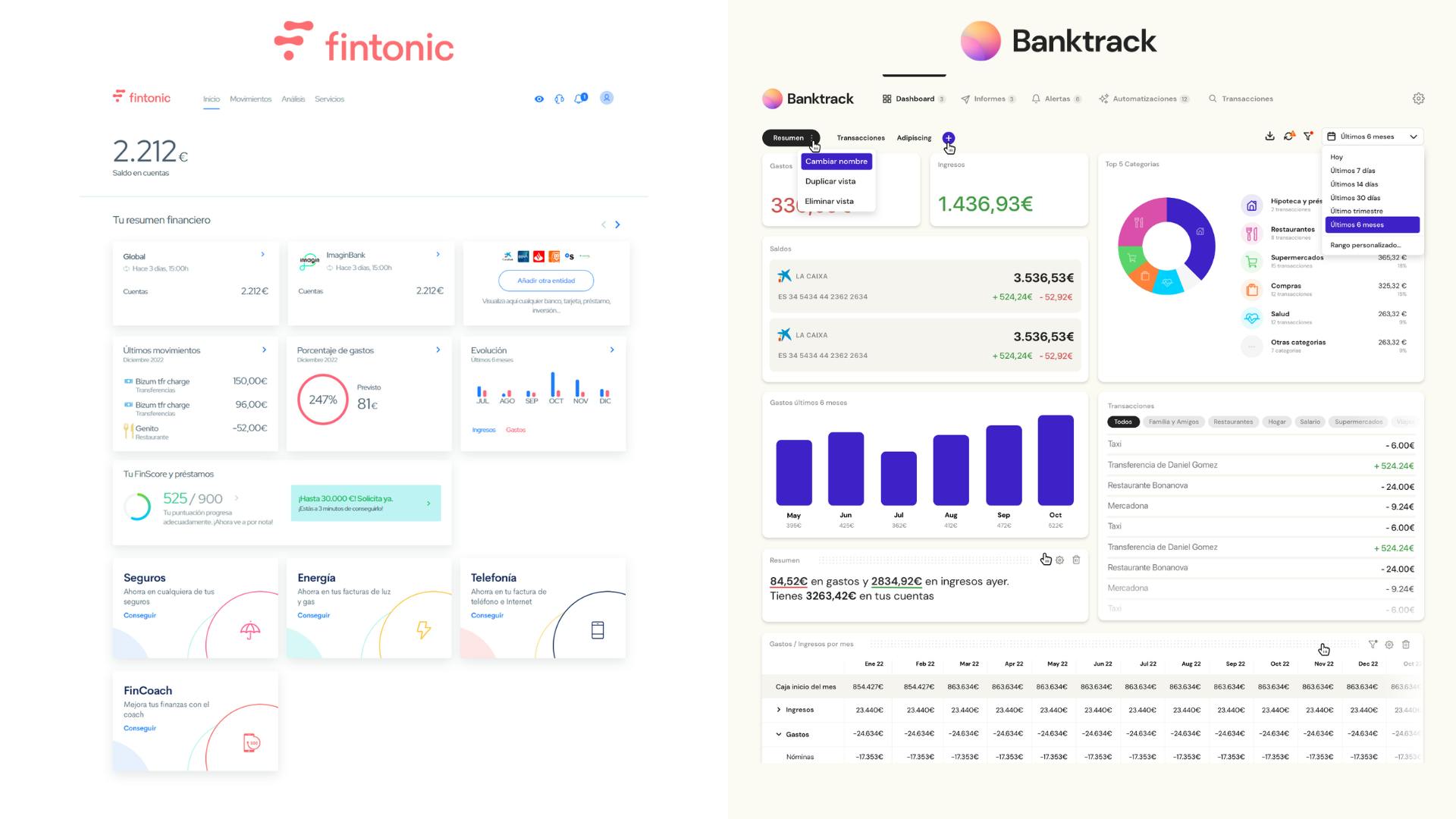 Capturas comparativas de la plataforma de fintonic y su alternativa Banktrack