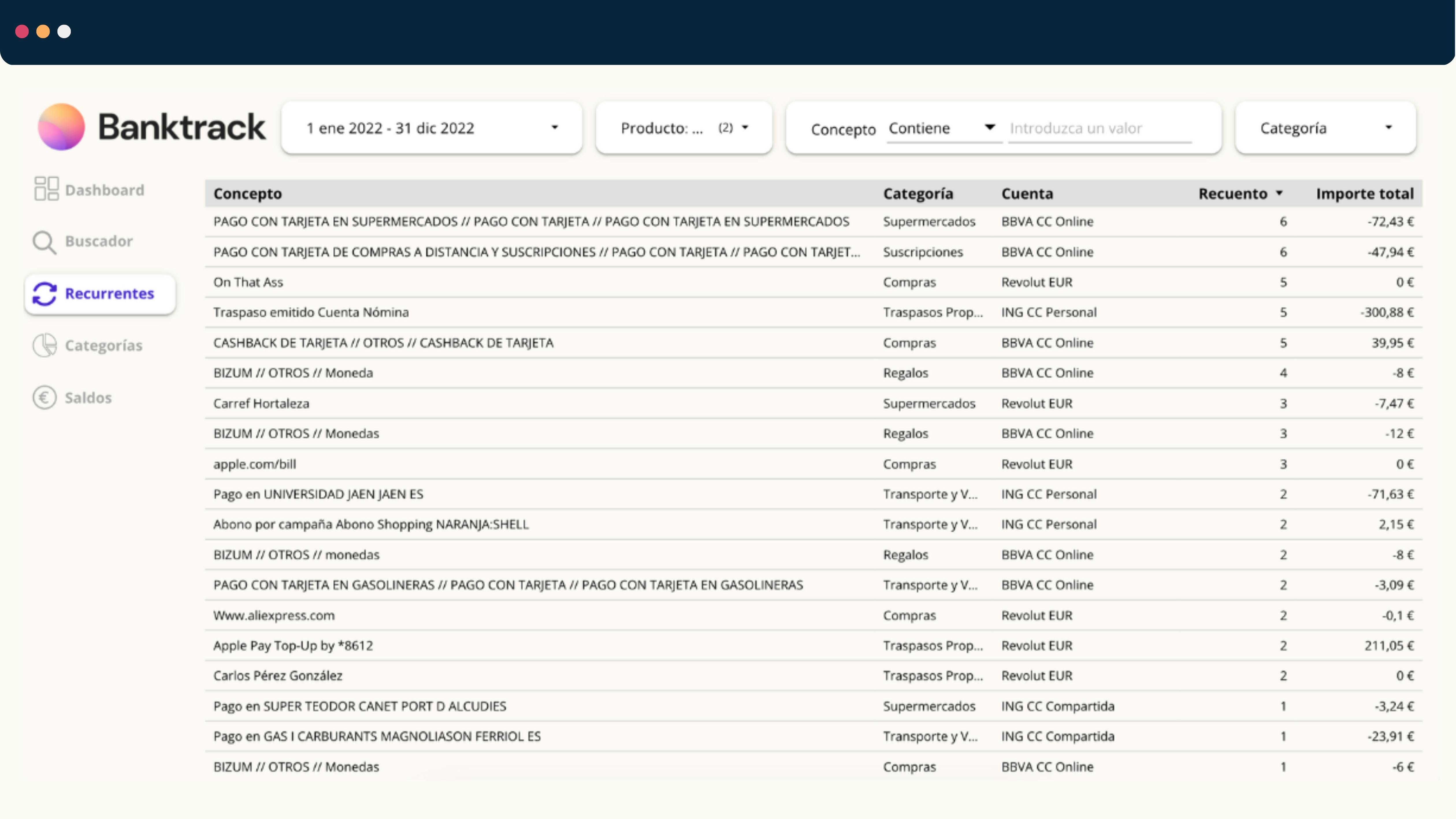 Captura del apartado de transacciones recurrentes de la plantilla gratis de Banktrack para Google Data Studio