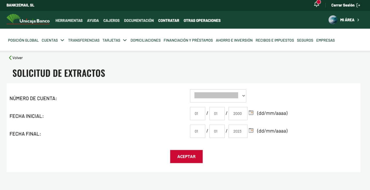 Captura de pantalla desde la web banco unicaja, en el que se selecciona la fecha de los movimientos bancarios