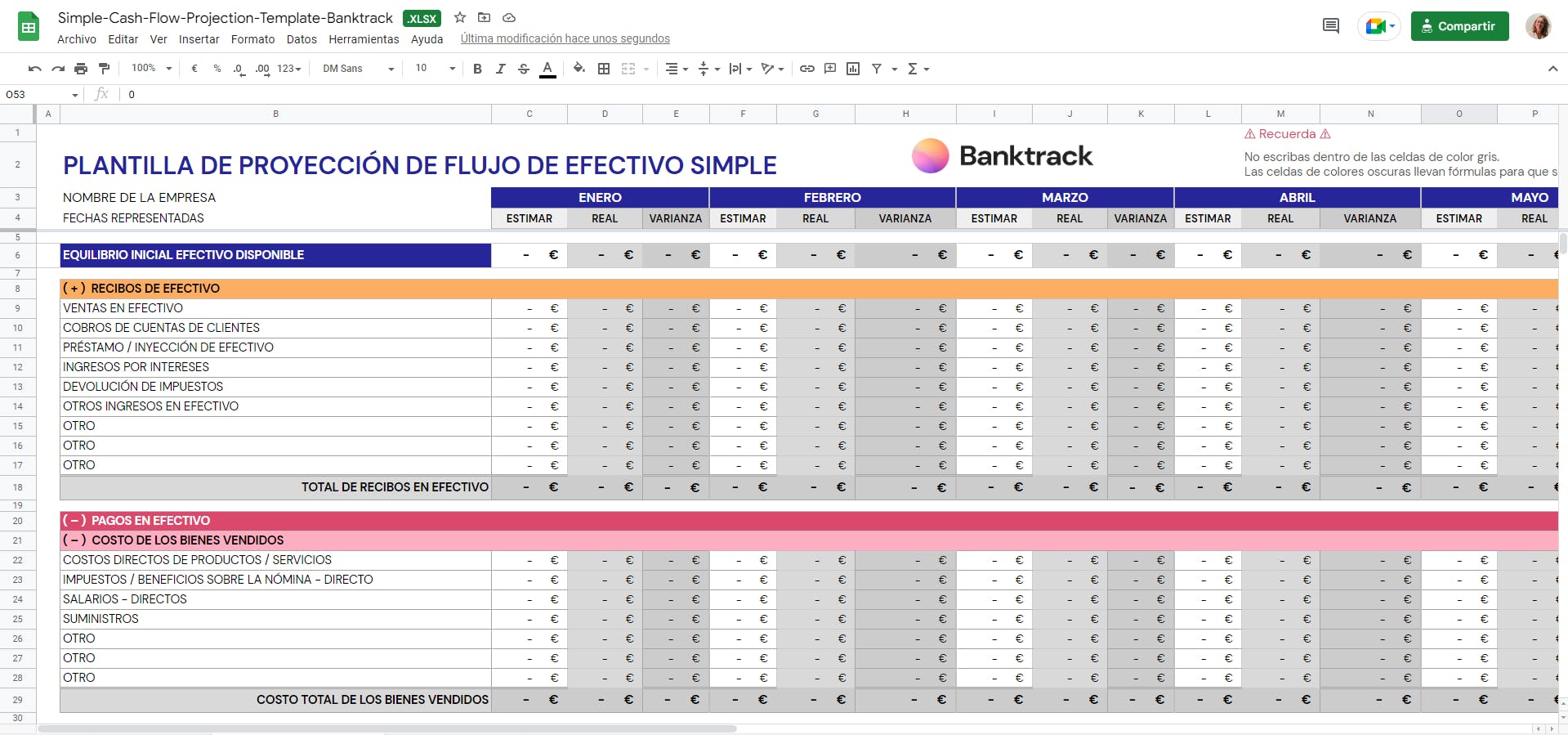 Captura de pantalla sobre la plantilla gratis de Banktrack para Excel