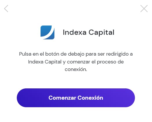 Ventana emergente en la que inicias la conexión de Indexa Capital con Banktrack