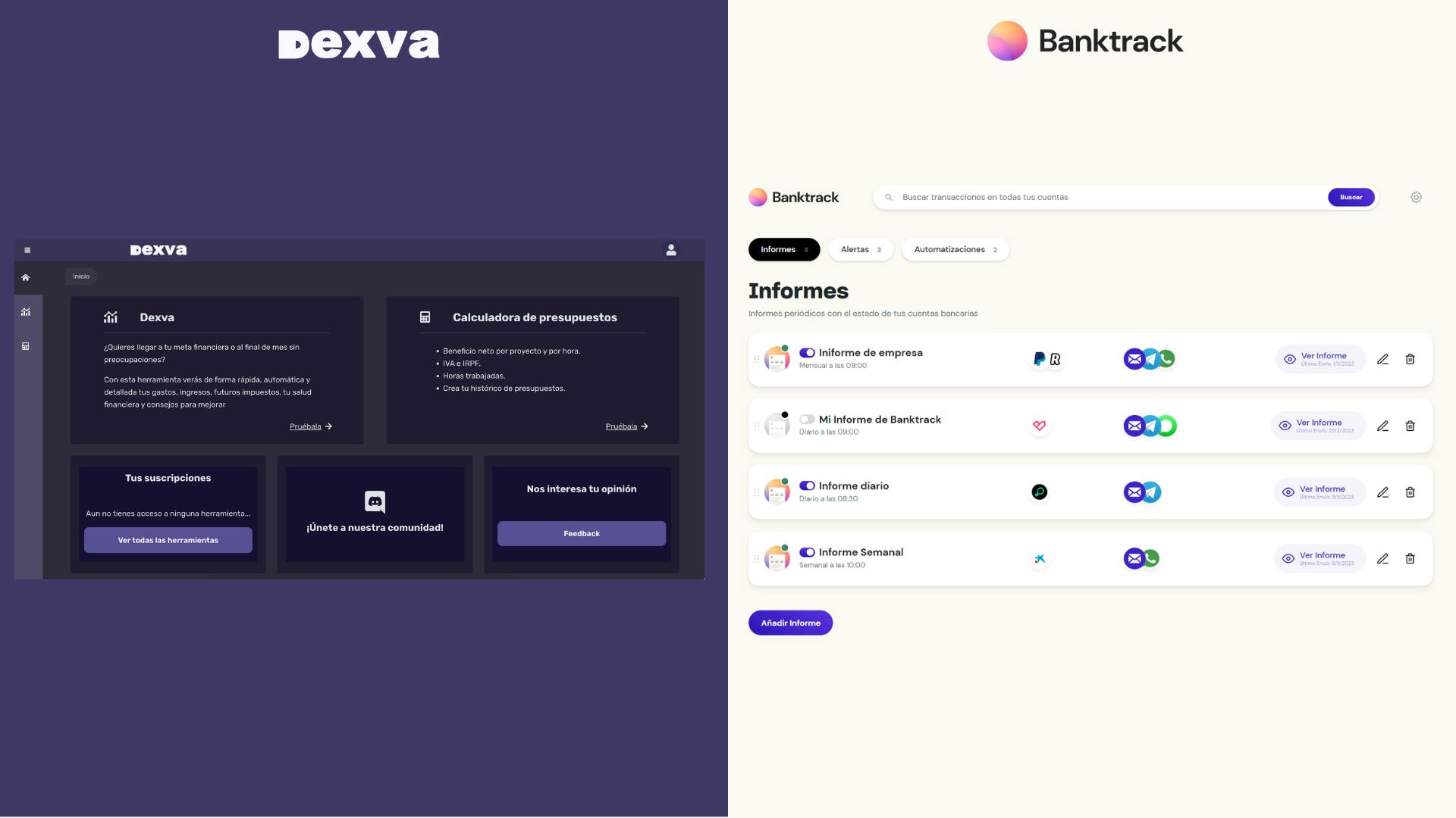 Capturas comparando las dos herramientas Dexva y su alternativa Banktrack