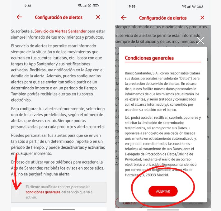 Condiciones generales que hay que aceptar para seguir el proceso de notificación en la app Banco Santander