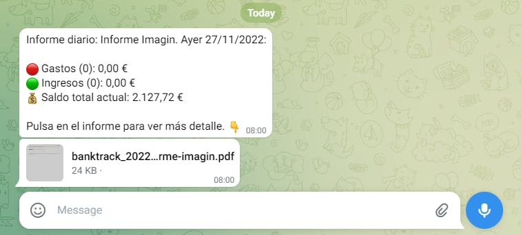 Captura de pantalla de uno de los mensaje de Banktrack en Telegram