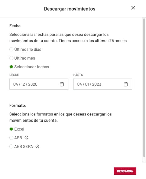Captura de pantalla en la opción de descargar en formato Excel o Norma 43