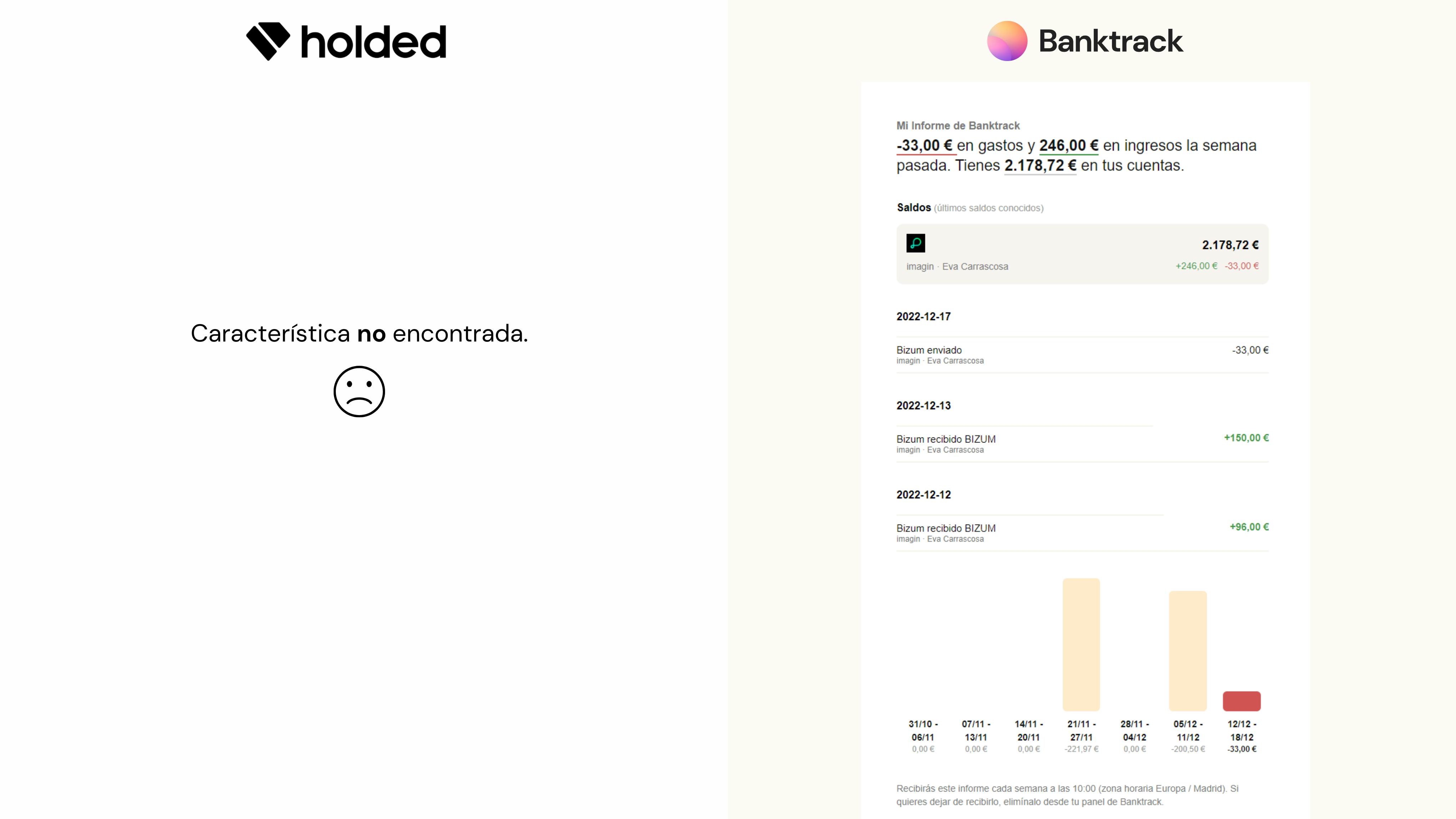 Capturas en las que solo se encuentra el informe de Banktrack, ya que Holded no tiene esta opción de envío su formato es más visual desde su plataforma