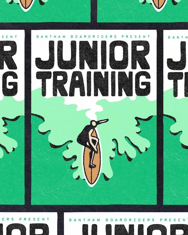 Cartoon poster for Bantham Boardriders' Junior Training training - of a cartoon person hitting a green wave.