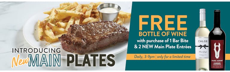 Image of Steak Frites and two bottles of wine. Introducing NEW Main Plates. Free Bottle of Wine with purchase of 1 Bar Bite & 2 NEW main plate entrees. Daily 3-9pm, only for a limited of time. 
