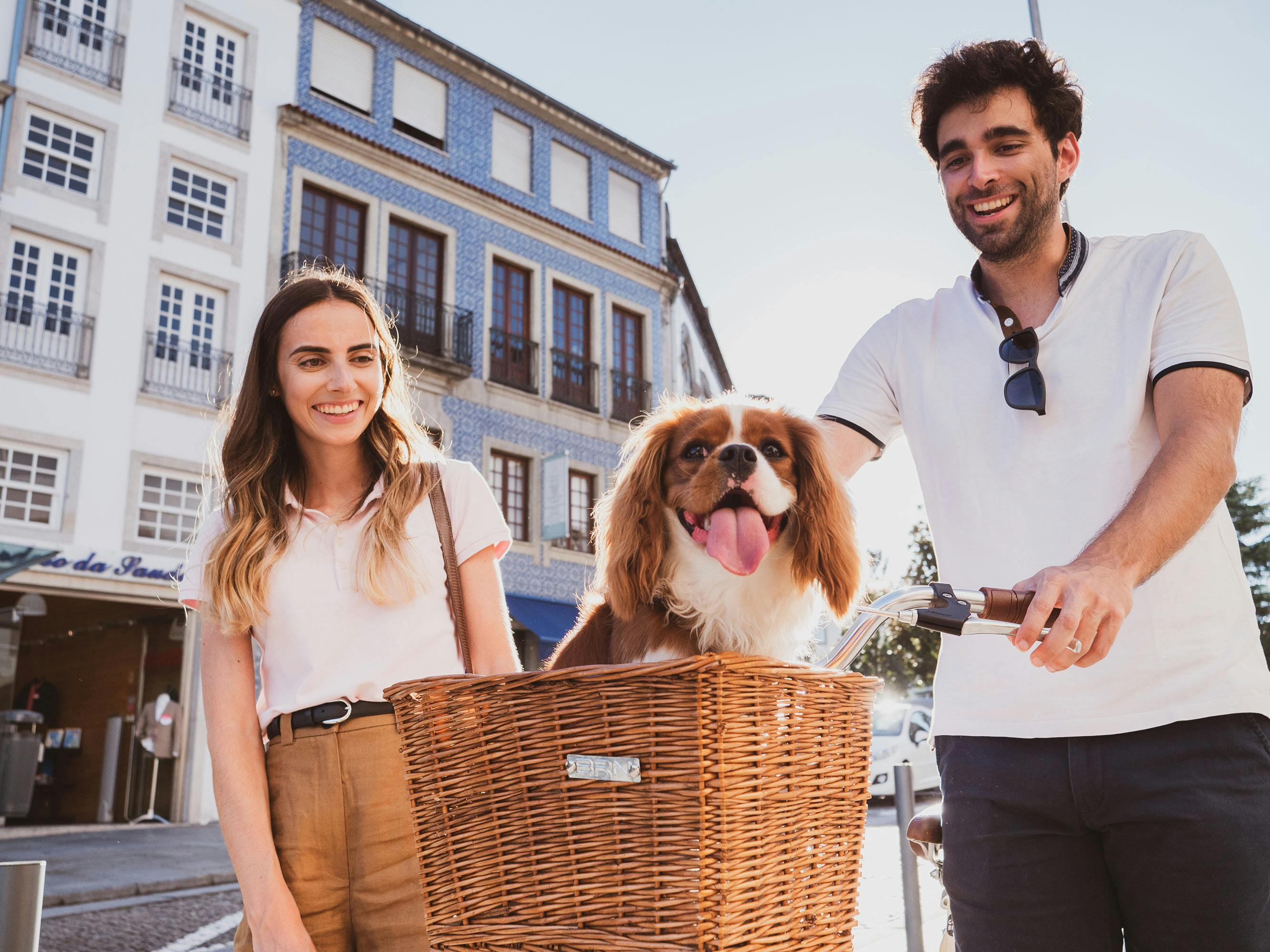 Pareja en bicicleta con su perro de raza King Charles Cavalier