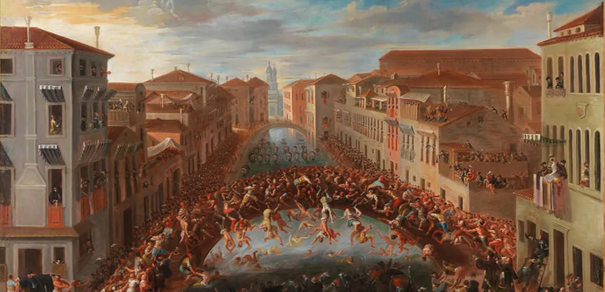 Joseph Heintz den yngre, 'The Battaglia dei Pugni on the Ponte San Barnaba in Venice'. Foto: Dorotheum
