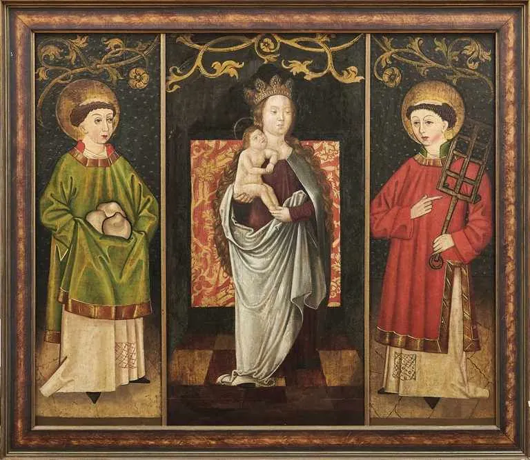 Gotisches Triptychon, Madonna zwischen den Heiligen Stephanus und Laurentius, Öl/Eiche, Ulmer Meister, 1. H. 16. Jh. | Foto: Kunstauktionshaus Schlosser