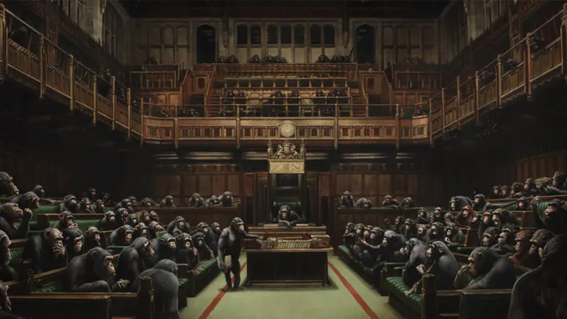 Devolved Parliament, Banksy. 2009, oil on canvas. Image: Sotheby's