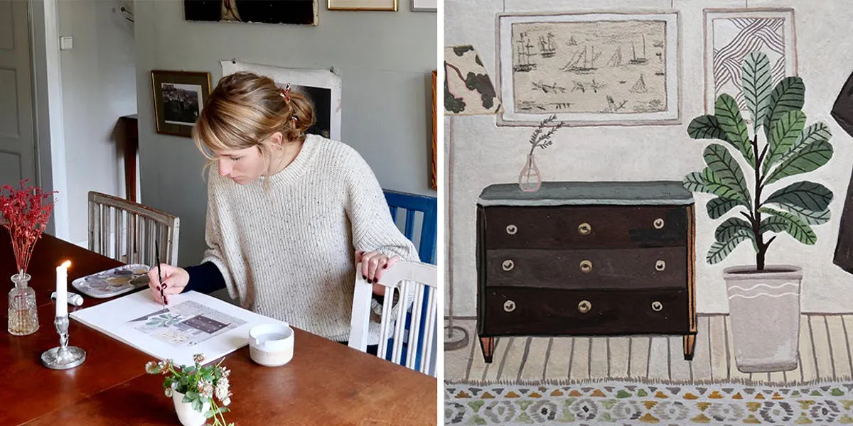 La ilustradora Maja Säfström que vende arte y libros en todo el mundo con el nombre de Mayasbok. La impresión a la derecha, es una ilustración de Maja inspirada en el mundo de las subastas y ahora tú la puedes ganar.