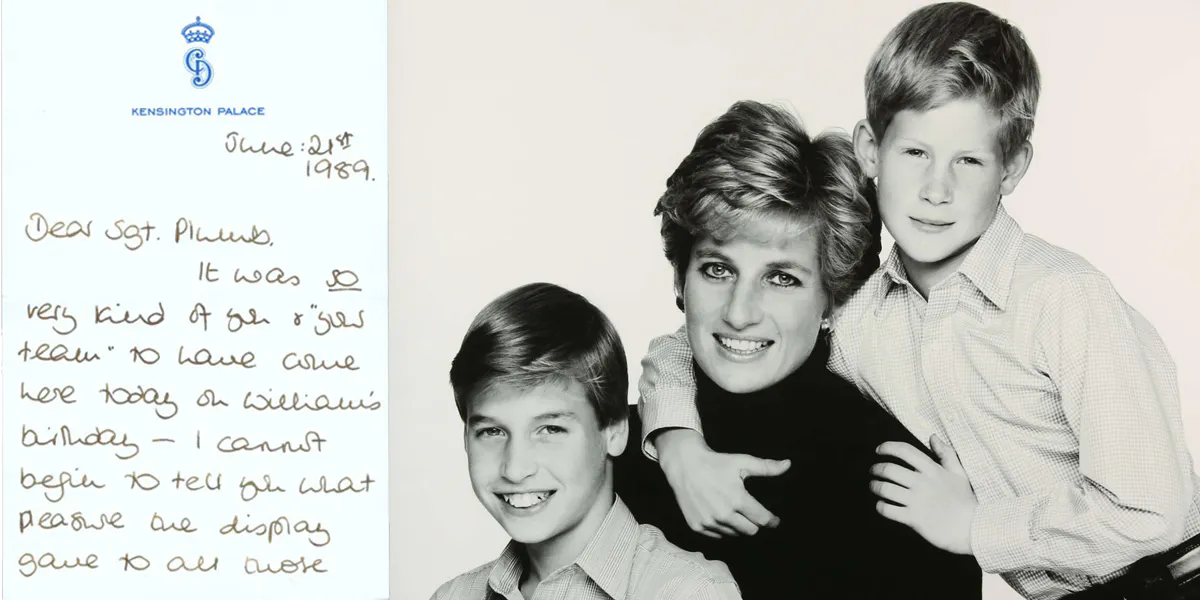 Left: A Personal Signed Letter- Signed Individually by Diana Princess of Wales, H.R.H Prince William and H.R.H Prince Harry, dated 21st June 1989. Photo: William George; Right: John Swannell, ‘Princess Diana, Prince Harry & Prince William’, 1994. Photo: Ewbank’s Auctions via Barnebys Price Bank