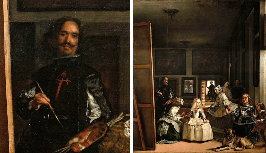 Diego Velázquez, Las Meninas, 1656, Prado Museum, Madrid. The painter also immortalized himself in the painting (see detail on the left). Images public domain