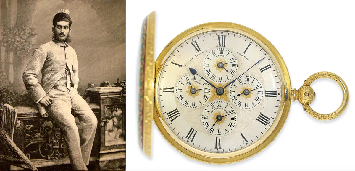 Links: Ali Khan (Asaf Jah VI.), 6. Nizam von Hyderabad. Foto gemeinfrei Rechts: Gold/Emaille-Savonnette mit 5 Zeitzonen, J. W. Benson London, 1869. Foto © Cortrie