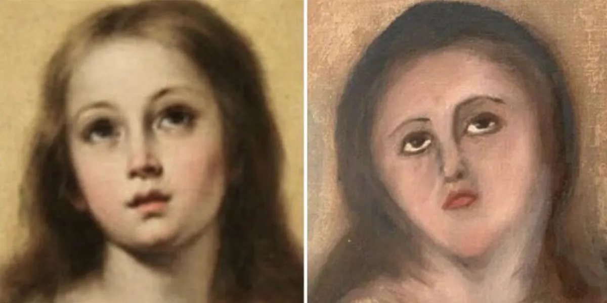 A copy of Bartolomé Esteban Murillo's ‘Immaculate Conception’ and the final result of the restoration, images © Europa Press News / Europa Press via Getty Images [detail]