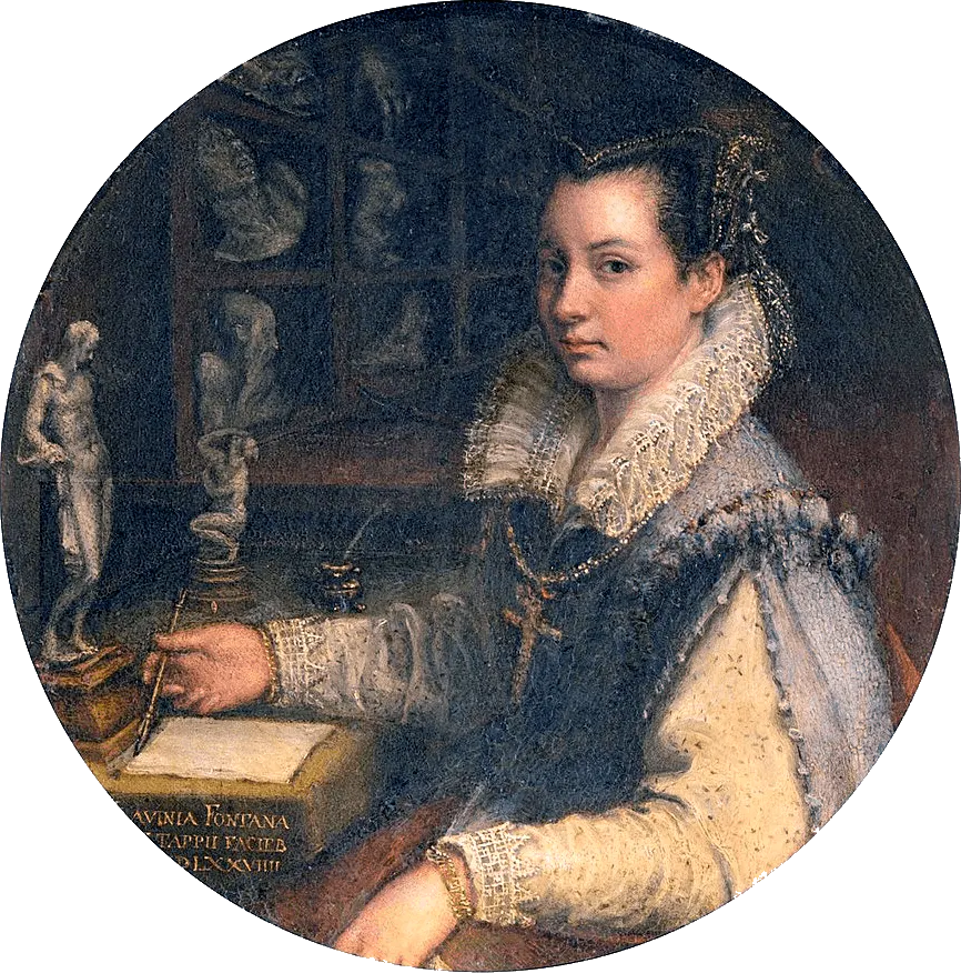 Lavinia Fontana (1552–1614), Selbstporträt, ca. 1579, Öl/Kupfer, D: 15,5 cm, Galleria degli Uffizi, Florenz. Foto gemeinfrei