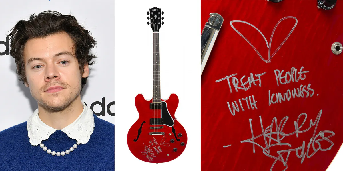Left: Harry Styles visits SiriusXM Studios on March 02, 2020 in New York City. Photo by Dia Dipasupil/Getty Images. Centre and right: Harry Styles’ Signed Gibson guitar. Photos: Julien’s Auctions