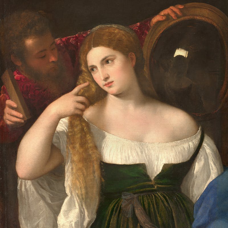 Tiziano Vecellio, Donna allo specchio (dettaglio), 1512-1515 circa, olio su tela, 96 × 76 cm, Museo del Louvre, Parigi. Immagine di dominio pubblico.