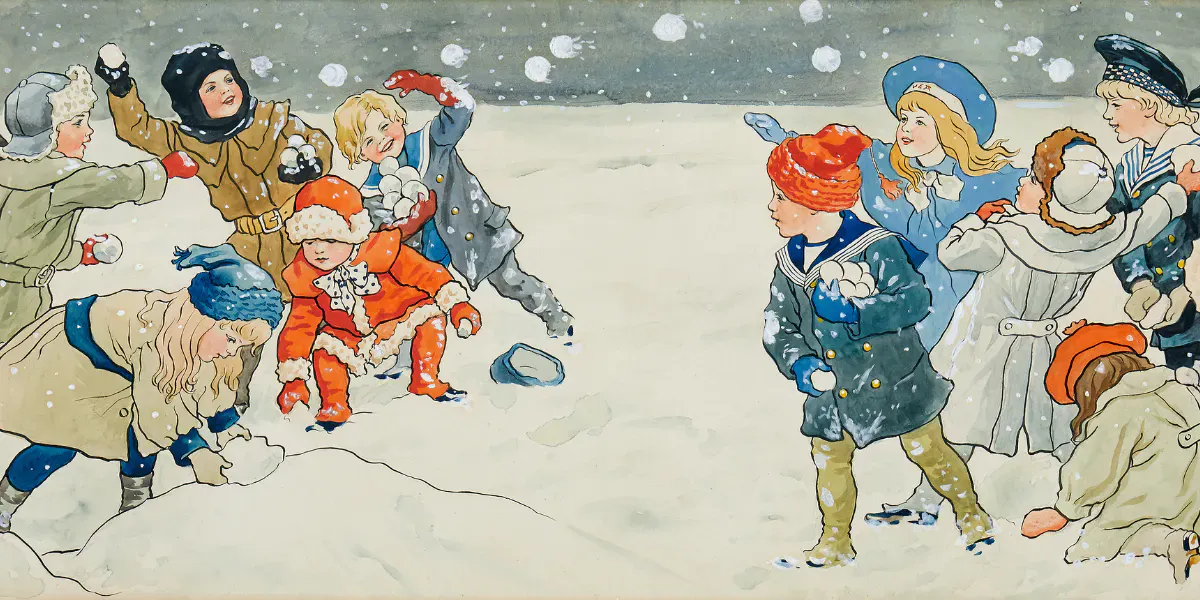Jenny Nyström, "La guerre des boules de neige", aquarelle avec blanc opaque sur papier, 29 x 72 cm. Photo © Uppsala Auktionskammare (détail)