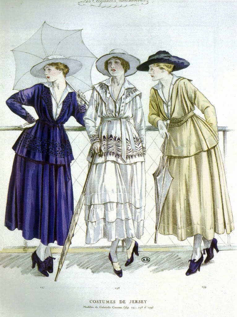Illustration published in Les Elegances parisiennes, March 1917. Designs by Gabrielle Chanel. Image in the public domain