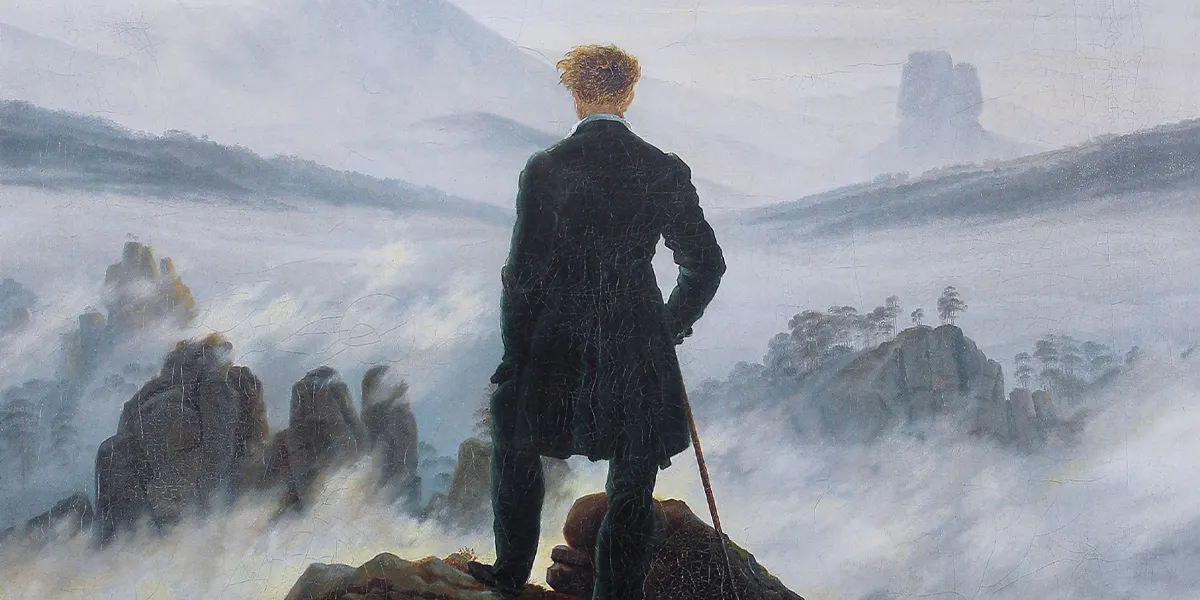 Caspar David Friedrich, Caminante sobre un mar de nubes, c. 1817, Hamburger Kunsthalle. [Detalle] Imagen de dominio público