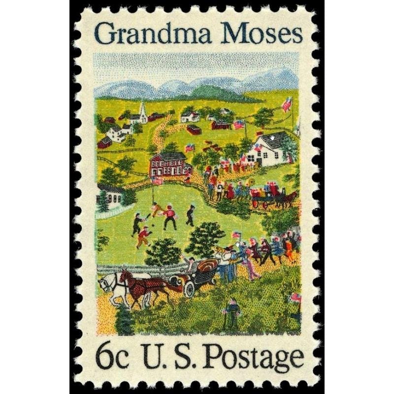 The 1969 U.S. postage stamp honoring Grandma Moses. It re-creates her painting Fourth of July, which the White House owns. Public domain image