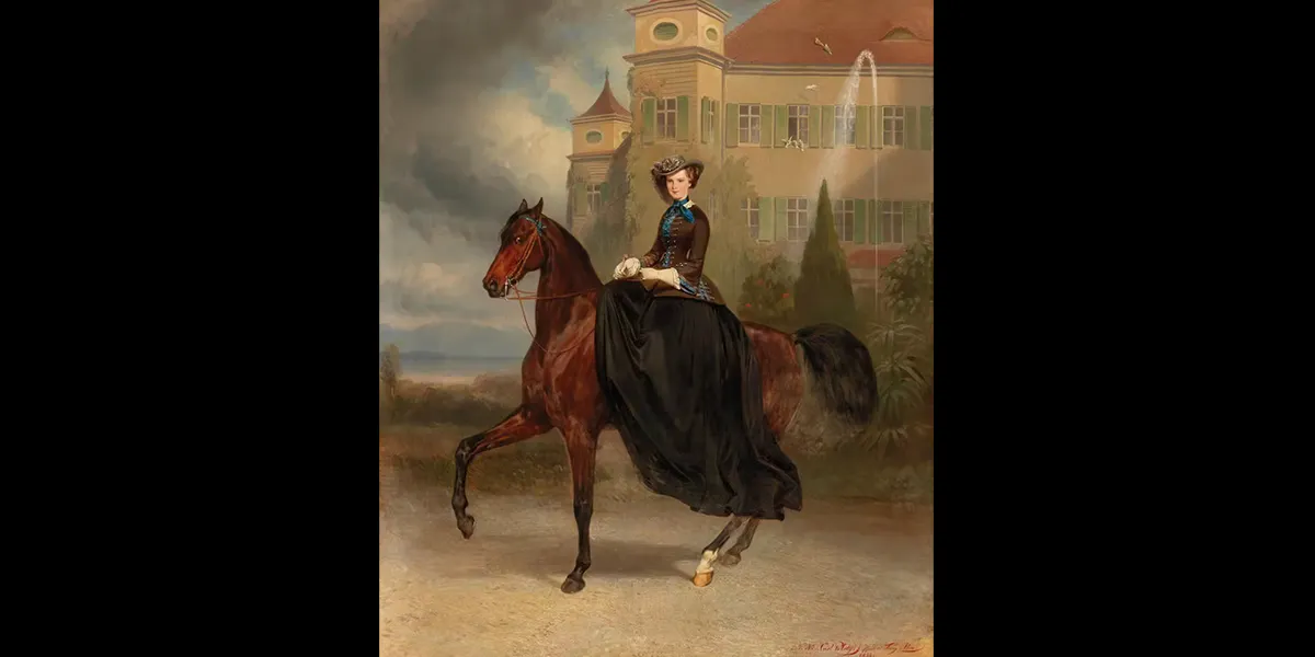 Carl Theodor von Piloty (München 1826–1886 Ambach/ Starnberger See) und Franz Adam (Mailand 1815–1886 München) - Kaiserin Elisabeth von Österreich als Braut zu Pferd in Possenhofen 1853, Öl/Lwd., bezeichnet, signiert und datiert, 128 x 108 cm. Foto © Dorotheum