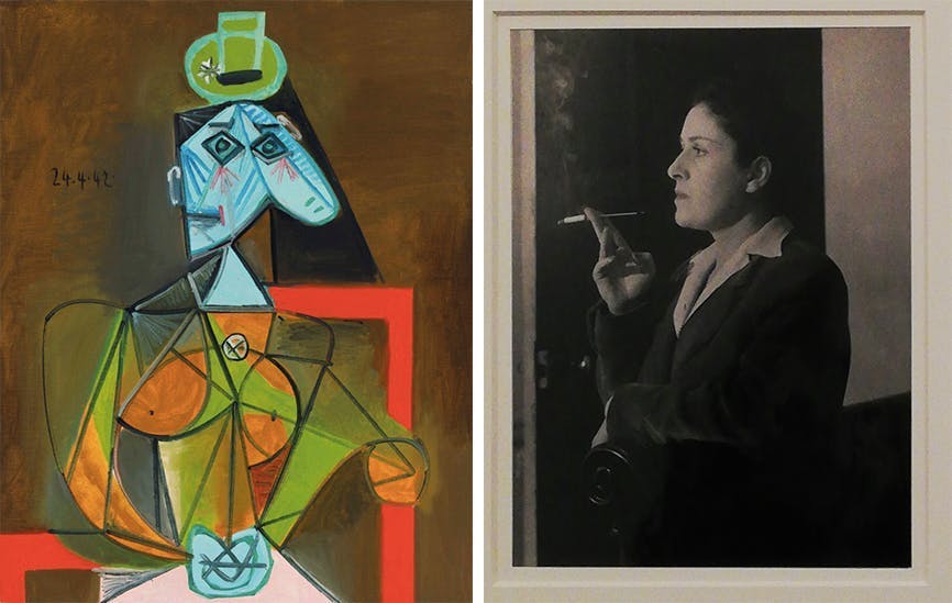 Gauche : Pablo Picasso, Femme dans un fauteuil (Dora Maar), 1942, image © Christie's / Droite : Dora Maar, années 1940, image Wisi eu via Wikipedia