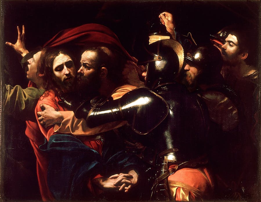 Caravaggio (1571-1610), ‘The Taking of Christ’, c.1602, 133.5 cm x 169.5 cm, oil on canvas, National Gallery of Ireland. Public domain image 