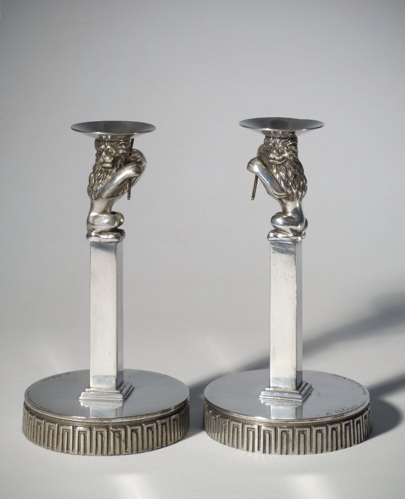 Anna Petrus, two candlesticks, c. 1923/1924, pewter and silvered metal, Nationalmuseum, Stockholm. Photo: Nationalmuseum Stockholm