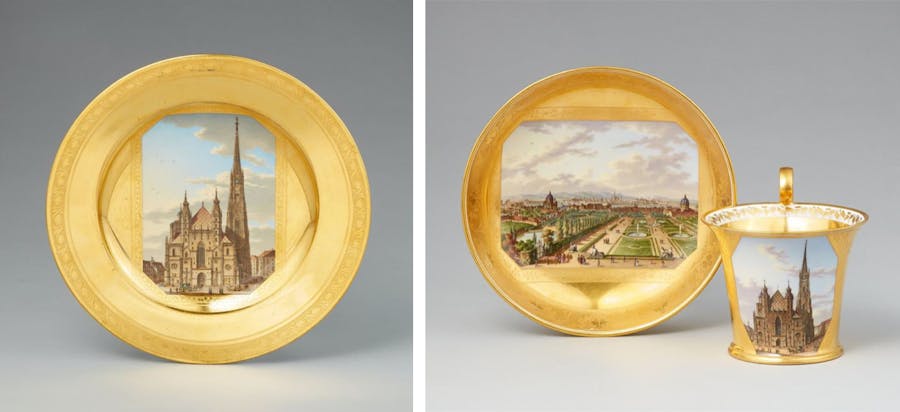 Left: decorated plate with views of the Cathedral of Santo Stefano in Vienna, imperial manufactory under Matthias Niedermayer, 1816 / Right: cup and saucer with views of Vienna, imperial manufactory under Matthias Niedermayer, 1818, photo © Lempertz