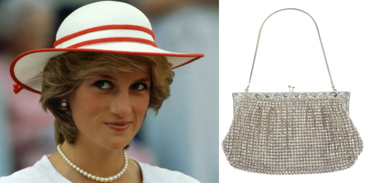 Diana, Princess of Wales, wears an outfit in the colors of Canada during a state visit to Edmonton, Alberta, with her husband. Photo: Getty Images. Right: HRH Princess Diana Crystal Purse with Handwritten Note. Photo: Julien's Auctions