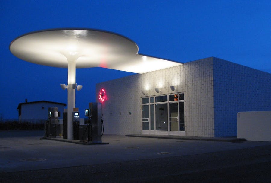 The petrol station in Klampenborg with its futuristic mushroom roof. Public domain image