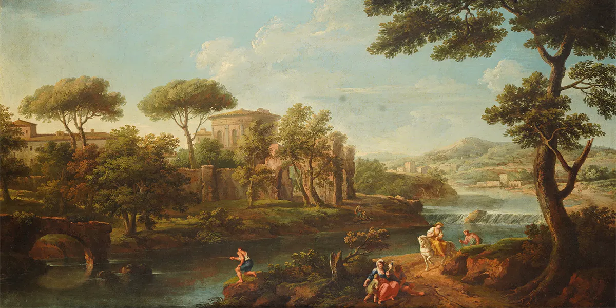 Andrea Locatelli, Paesaggi romani con figure in riva al fiume, il ponte Nomentano e rovine architettoniche, Coppia di dipinti, olio su tela. Stima: 60.000 - 80.000 €. Foto © Cambi Casa d'Aste (dettaglio)