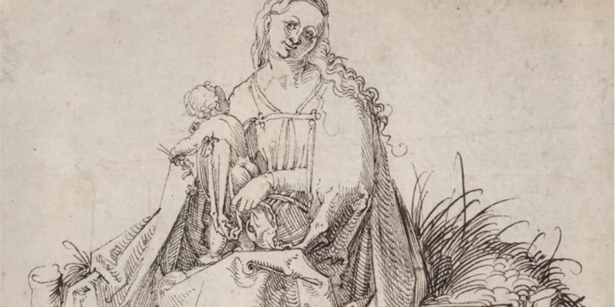 Albrecht Dürer (1471 Norimberga 1528), The Virgin and Child with a Flower on a Grassy Bank, probabilmente 1503, disegno a penna su carta di lino fine, monogrammato, 16,2 x 16,4 cm. Foto © Agnews Gallery (dettaglio) 