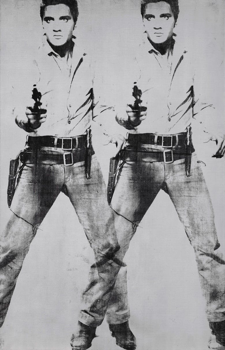Andy Warhol, Double Elvis [Ferus Type], 1963, silkscreen ink and silver paint on linen. Image: 019 The Andy Warhol Foundation for the Visual Arts, Inc. / Licensed by Artists Rights Society (ARS). Elvis Presley™; Rights of Publicity and Persona Rights: ABG EPE IP, LLC. via Christie's