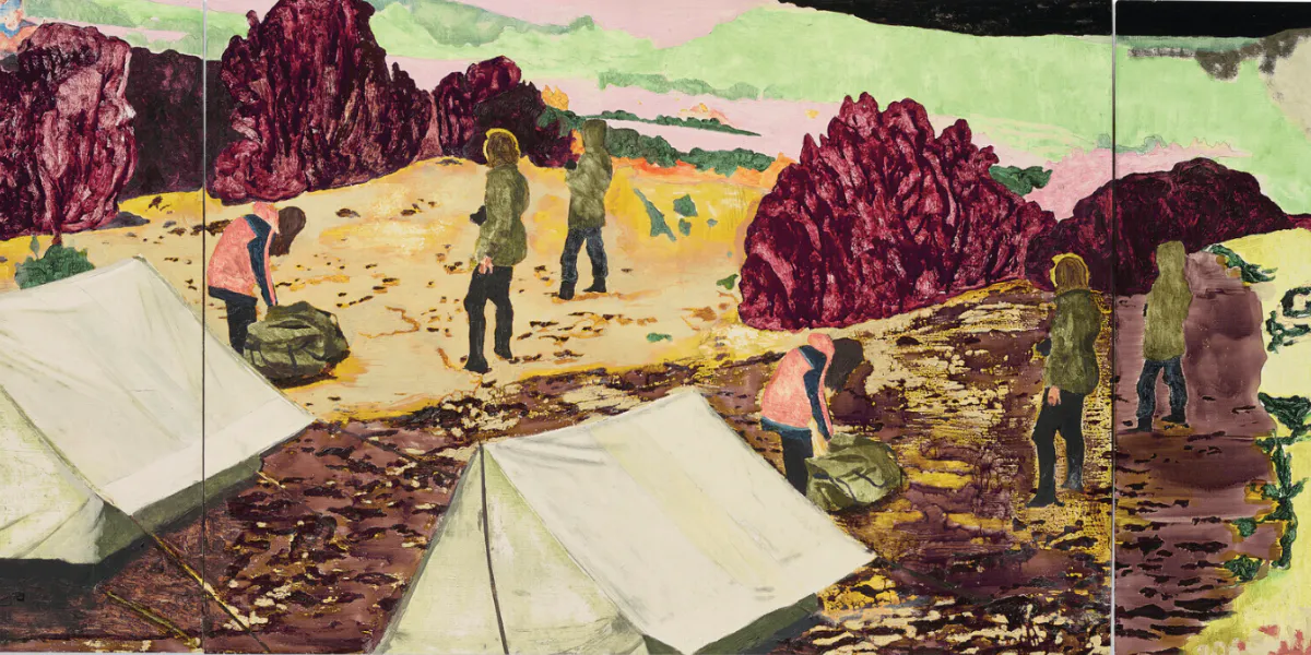 Karin Mamma Andersson, "On Tenterhooks", acrilico e olio su tavola, tre parti, 61 x 252,5 cm, dipinto nel 2005. Foto © Christie's (dettaglio)