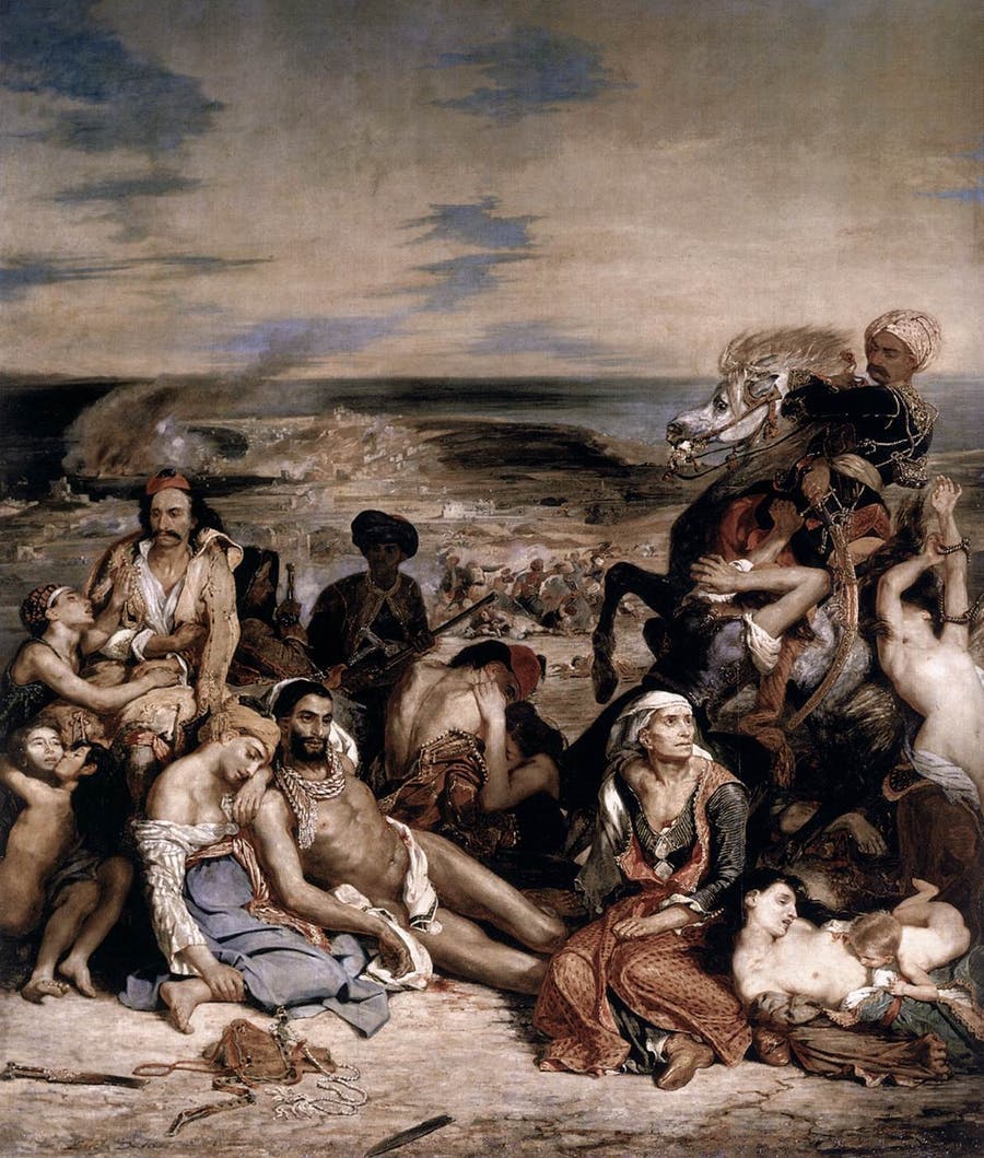 Eugène Delacroix, Scene of the massacres of Scio, 1824, oil on canvas. Here, the officer on horseback who kidnaps the Greek slave is inspired by the Officer of chasseurs à cheval, a work painted by Théodore Géricault in 1812, image CCØ