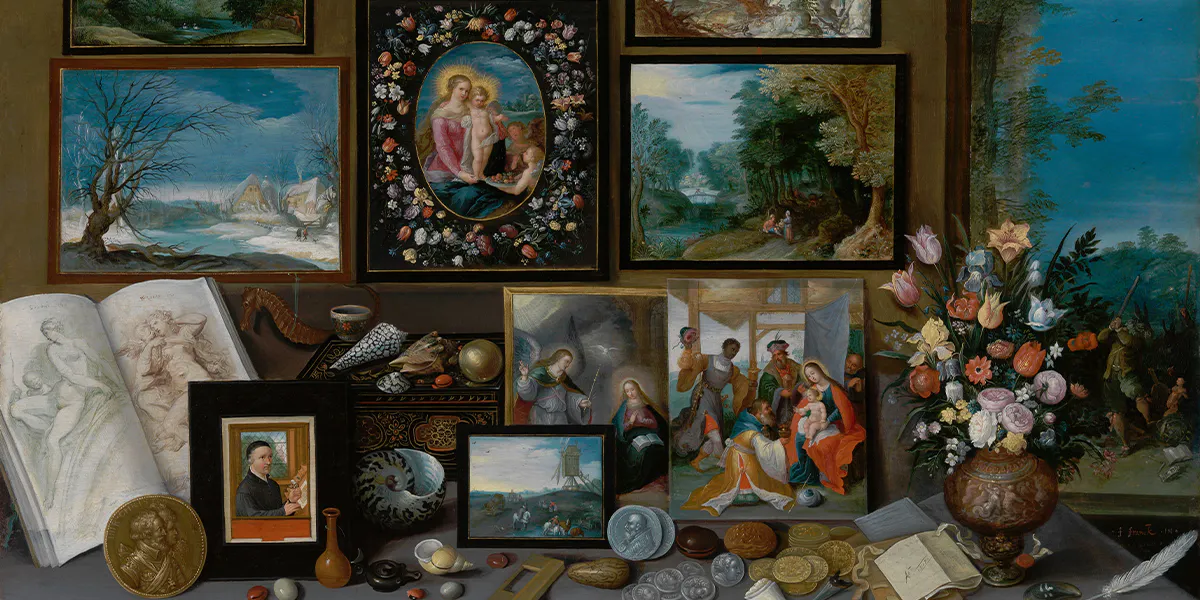 Frans Francken il Giovane, Il gabinetto di un collezionista con dipinti, conchiglie, monete, fossili e fiori, 1619. Immagine di dominio pubblico (dettaglio)