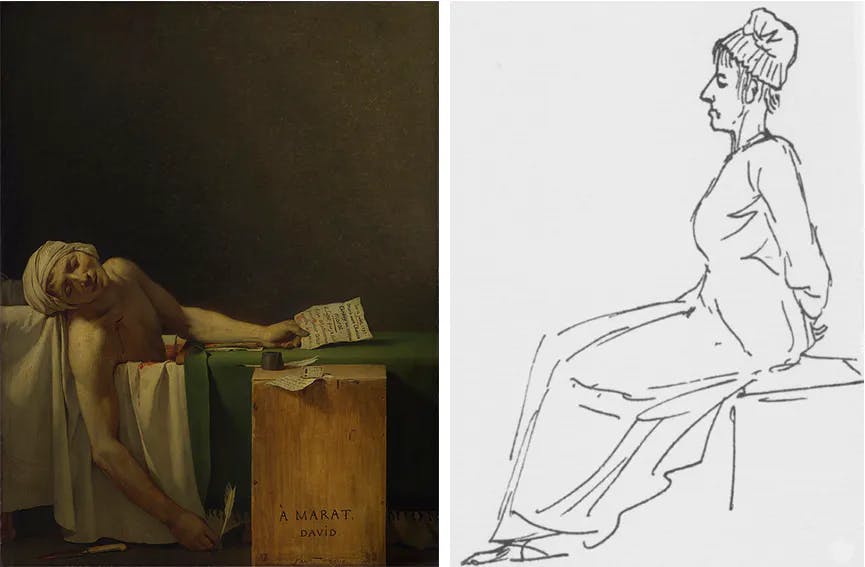 Left: Jacques-Louis David, The Death of Marat, 1793, Royal Museums of Fine Arts, Brussels. Right: Jacques-Louis David, Marie-Antoinette on the way to the guillotine, 1793, Louvre Museum, Paris. Public domain images