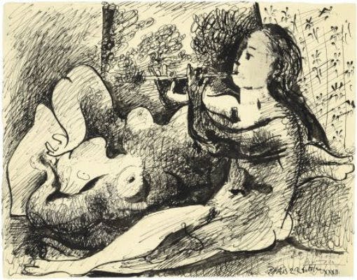 Joueuse de flûte et nu couché, Pablo Picasso. 1932, pen and India ink on paper. Image: Christie's