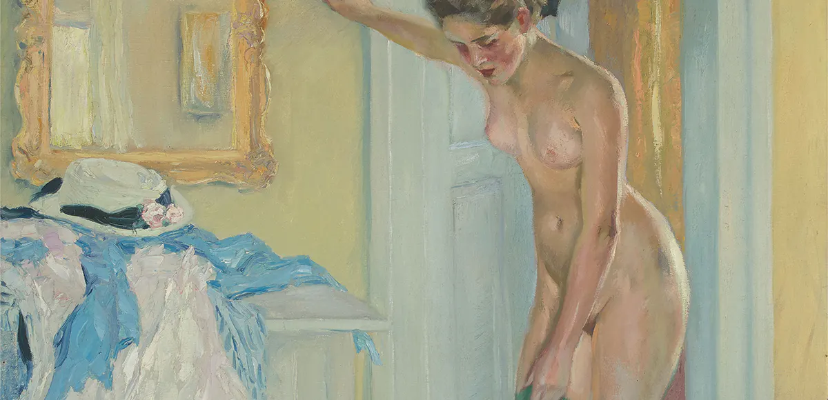 Edward Cucuel (1875 San Francisco - 1954 Pasadena), "Die grünen Strümpfe", um 1915, Öl/Lwd., signiert | Foto: © Schuler (Detail)