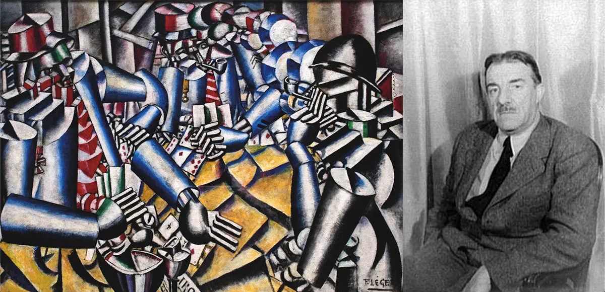 Links: Fernand Léger, La Partie de Cartes, 1917, Kröller-Müller Museum, Niederlande | Foto via Big Issue North || Rechts: Fernand Léger, Foto von Carl van Vechten (undatiert) | Foto via Wikipedia