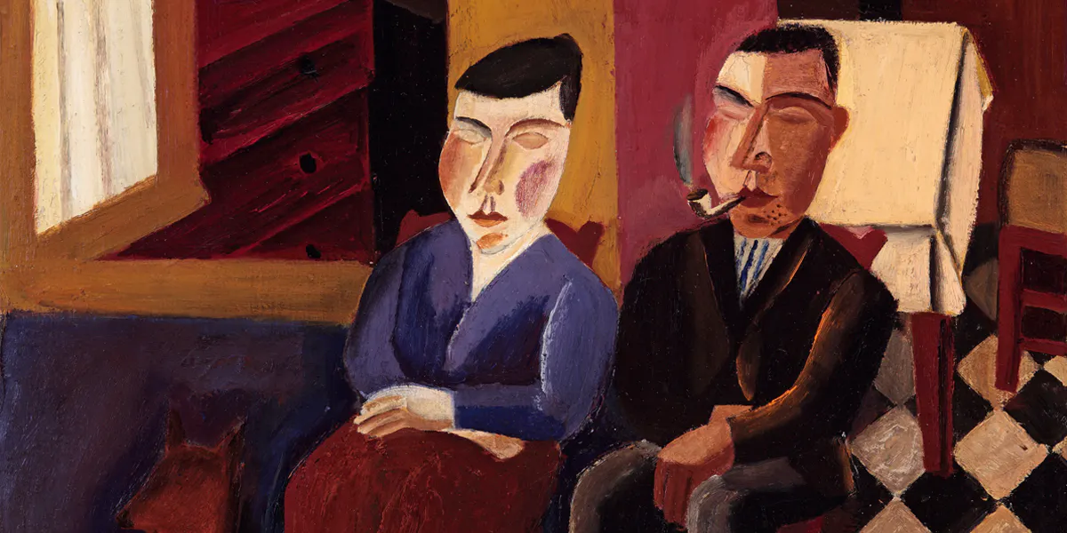 Gustave De Smet (Ghent 1877-1943 Deurle), Couple at the Door, 1923, oil on canvas, 56 x 69 cm. Photo © GALERIE OSCAR DE VOS / BRAFA 2023 (detail)